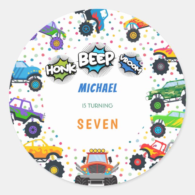 Honk beep vroom monster trucks boy birthday classic round sticker (Front)