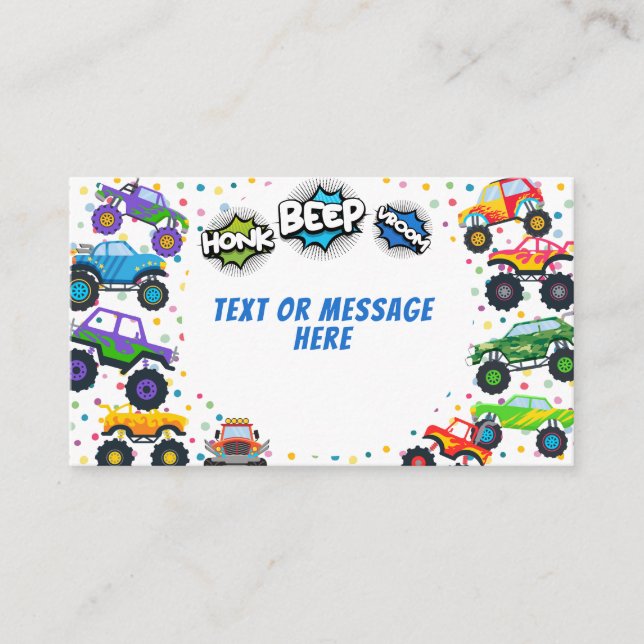 Honk beep vroom monster trucks boy birthday  enclosure card (Front)
