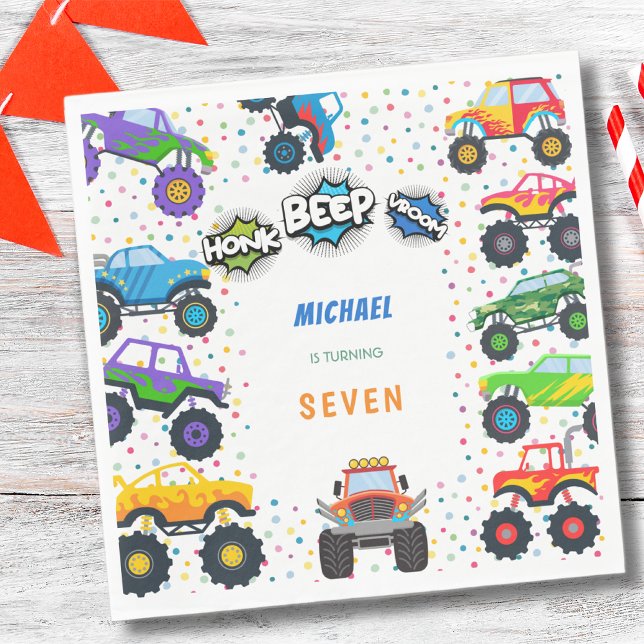 Honk beep vroom monster trucks fast cars birthday napkin (Creator Uploaded)