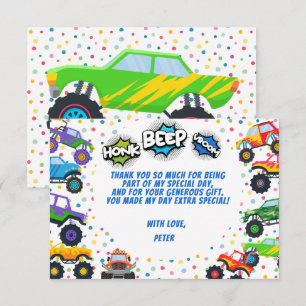 Honk beep vroom monster trucks kids birthday thank you card