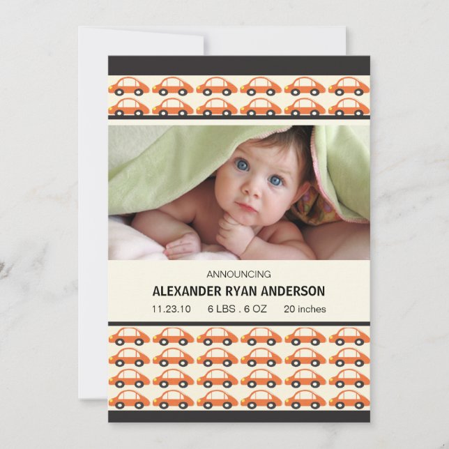 Honk! Orange Cars Baby Boy Birth Annoucement Announcement (Front)