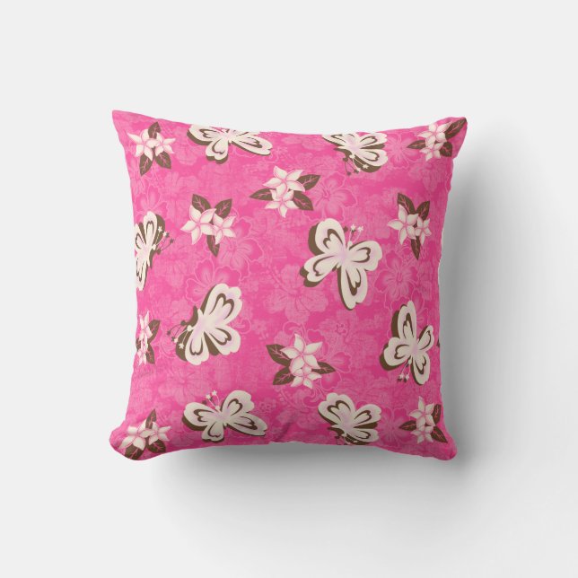 Honolua Plumeria Butterfly and Hawaiian Hibiscus Cushion (Front)