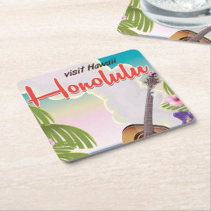 Honolulu acoustic guitar vintage travel poster. square paper coaster