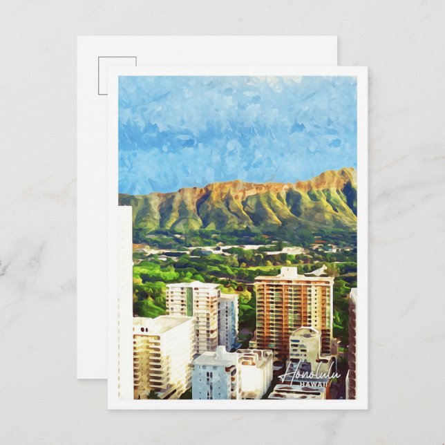 Honolulu Hawaii Beautiful Oil Paint City Landscape Postcard (Front/Back)