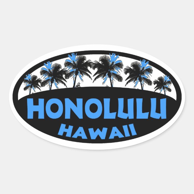 Honolulu Hawaii blue black palms oval stickers (Front)