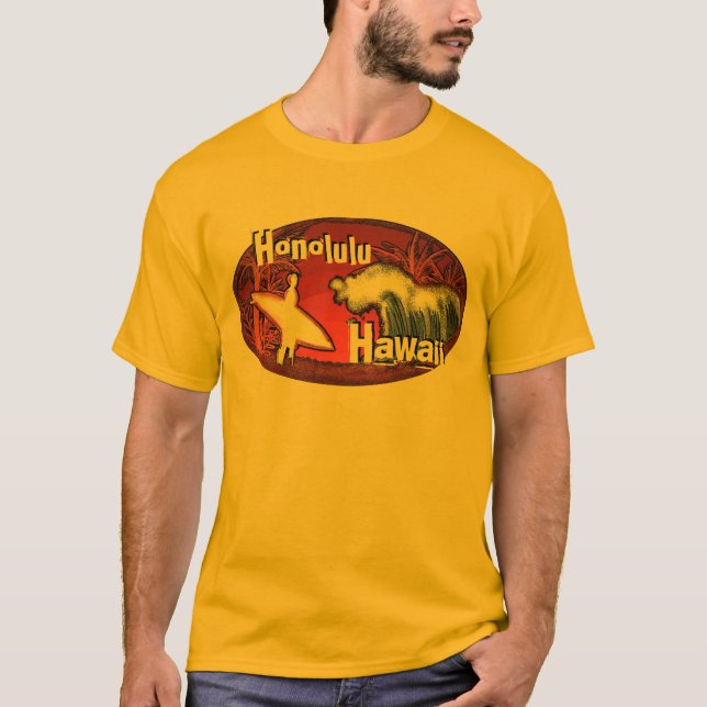 Honolulu Hawaii gold surfer waves art guys tee (Front)