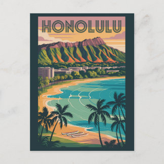 Honolulu Hawaii Illustration Travel Art Vintage Postcard