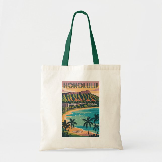 Honolulu Hawaii Illustration Travel Art Vintage Tote Bag (Front)