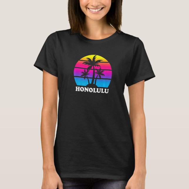 Honolulu Hawaii Retro Palm Tree Sunset Vacation Be T-Shirt (Front)