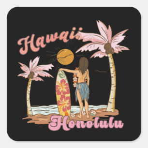 Honolulu Hawaii Retro Surf Tropical Beach Square Sticker