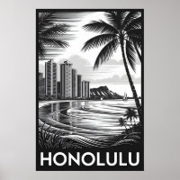 Honolulu Hawaii Skyline Black White Woodcut