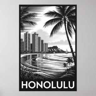 Honolulu Hawaii Skyline Black White Woodcut Poster