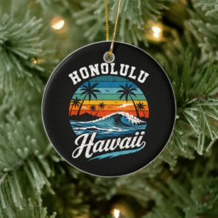 Honolulu Hawaii Surf Sunset Ceramic Ornament