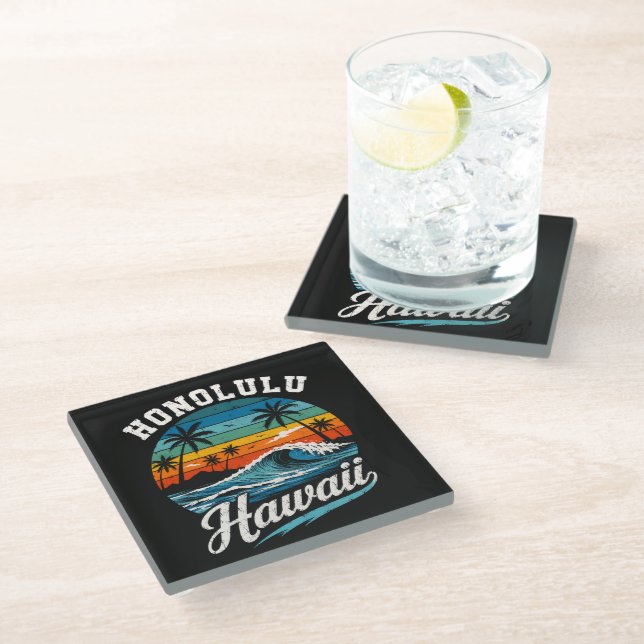 Honolulu Hawaii Surf Sunset Glass Coaster (Angled)