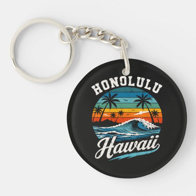 Honolulu Hawaii Surf Sunset Key Ring (Front)