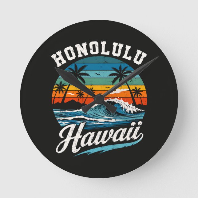 Honolulu Hawaii Surf Sunset Round Clock (Front)