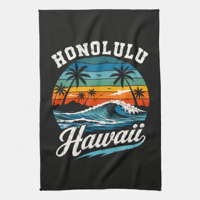 Honolulu Hawaii Surf Sunset Tea Towel (Vertical)