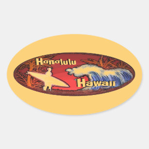 Honolulu Hawaii surfer waves art orange stickers