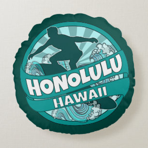 Honolulu Hawaii teal surfer logo round pillow