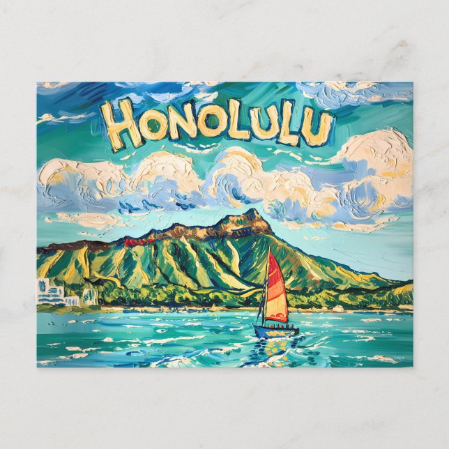 Honolulu Hawaii Vintage Travel Van Gogh Landscape Postcard (Front)