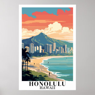 Honolulu Hawaii Vintage Travel Waikiki Beach Art Poster