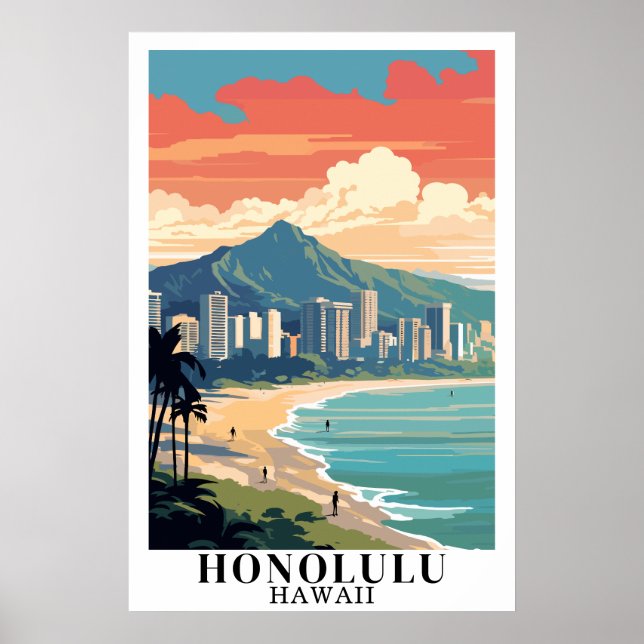 Honolulu Hawaii Vintage Travel Waikiki Beach Art Poster (Front)