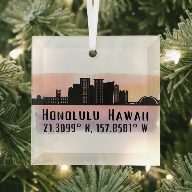 Honolulu Skyline Latitude and Longitude  Glass Tree Decoration (Insitu)
