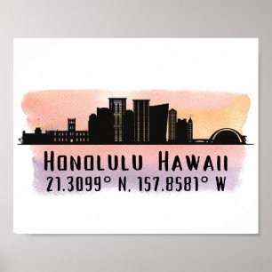 Honolulu Skyline Latitude and Longitude Print