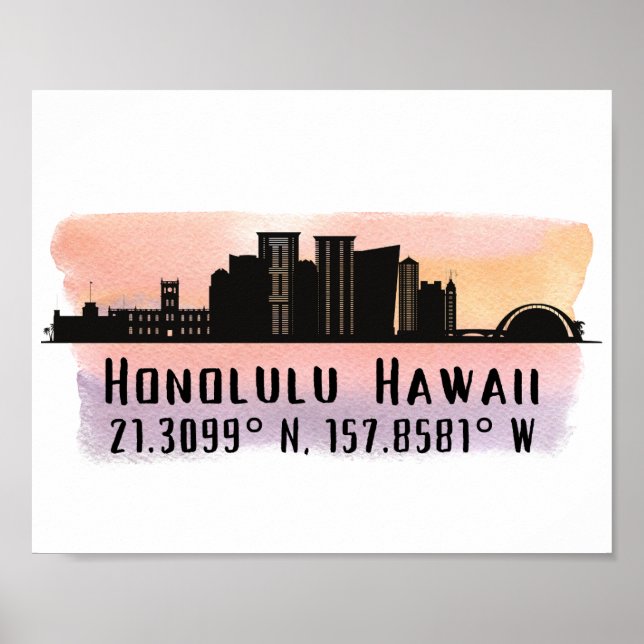 Honolulu Skyline Latitude and Longitude Print (Front)