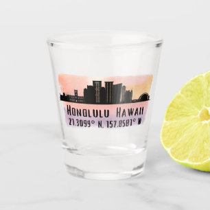 Honolulu Skyline Latitude and Longitude Shot Glass