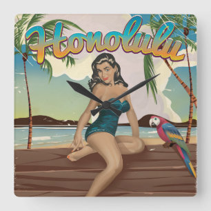 Honolulu vintage retro Travel print Square Wall Clock