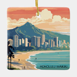 Honolulu Waikiki Beach Hawaii Panorama View Beach Ceramic Ornament