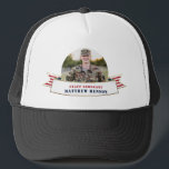 Honor Military Service Photo Trucker Hat<br><div class="desc">Honor your serviceman with these patriotic red white and blue trucker caps,  featuring a single centered circle photograph,  a stars and stripes banner with a faux foil border and placeholders for your special service person's name and rank. Great gifts for parents and grandparents! Available in men's and women's sizes.</div>