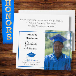 Honours Graduation Announcement Blue Cap and Photo