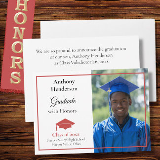 Honours Graduation Announcement Red Cap and Photo