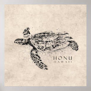 Honu Hawaiian Sea Turtle on Vintage Parchment Poster