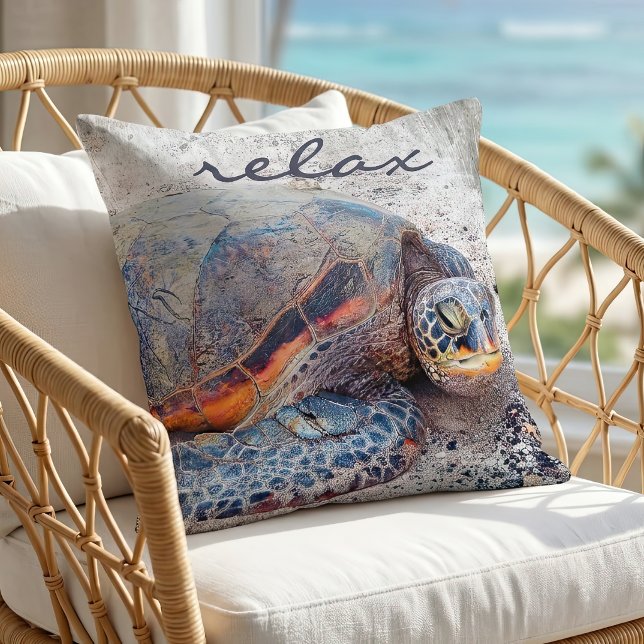 Honu Hawaiian Sea Turtle Photo Relax Script Bold Cushion (Creator Uploaded)