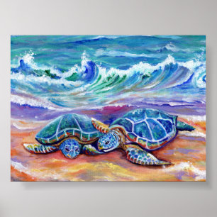 Honu Hugs and Love at the Beach Hawaiian  Poster