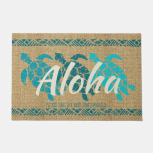 Honu Sea Triple Turtle Hawaiian Tapa Teal Doormat