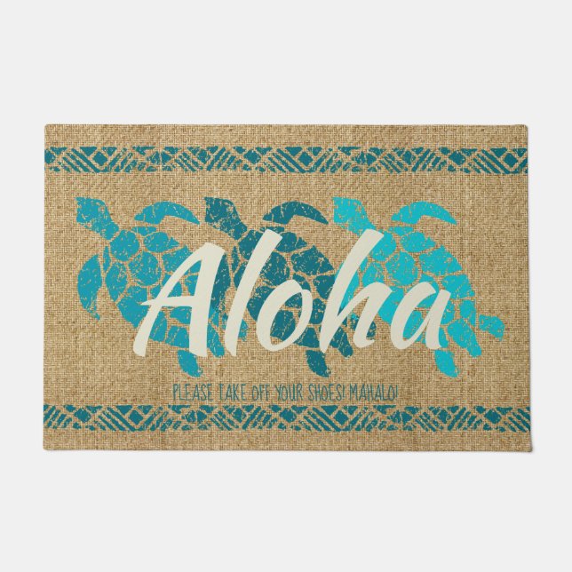 Honu Sea Triple Turtle Hawaiian Tapa Teal Doormat (Front)