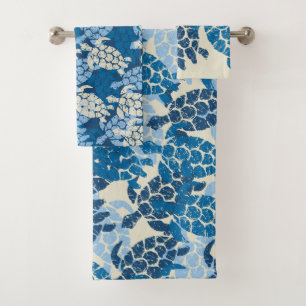 Honu Sea Turtle Hawaiian Coordinates Indigo Bath Towel Set