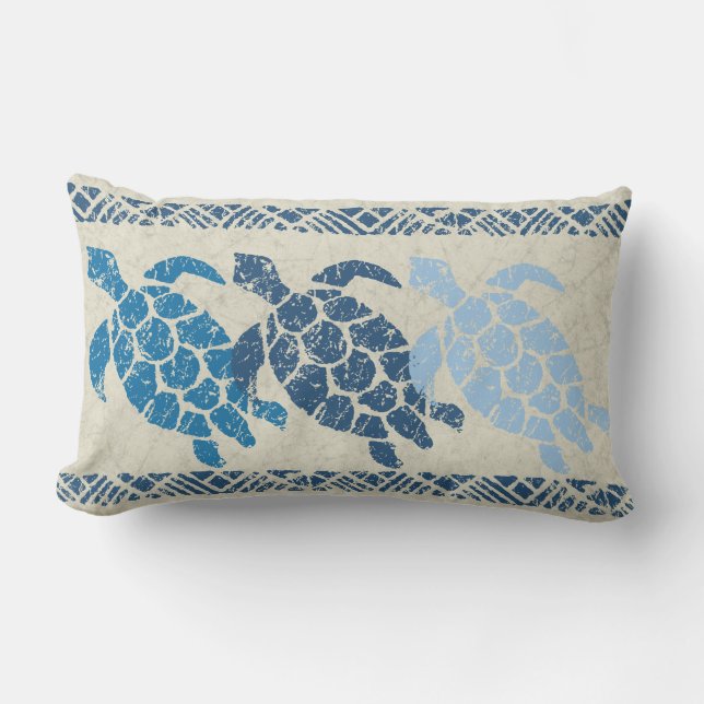 Honu Sea Turtle Hawaiian Reversible Batik - Indigo Lumbar Cushion (Front)