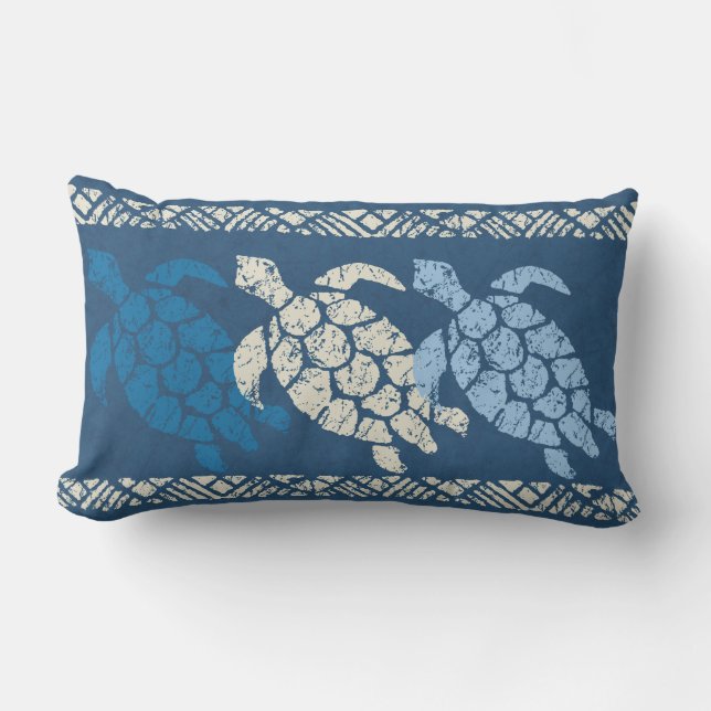 Honu Sea Turtle Hawaiian Reversible Batik - Indigo Lumbar Cushion (Front)