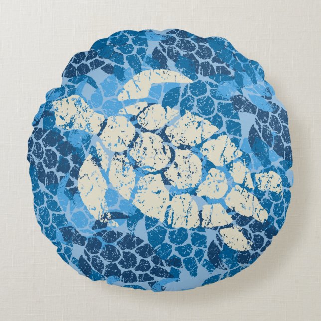 Honu Sea Turtle Hawaiian Reversible Indigo Round Cushion (Front)