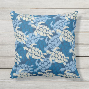 Honu Sea Turtle Hawaiian Reversible Outdoor Indigo Cushion