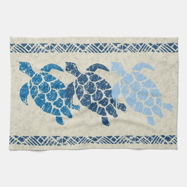 Honu Sea Turtle Hawaiian Tapa Batik -Indigo Tea Towel (Horizontal)