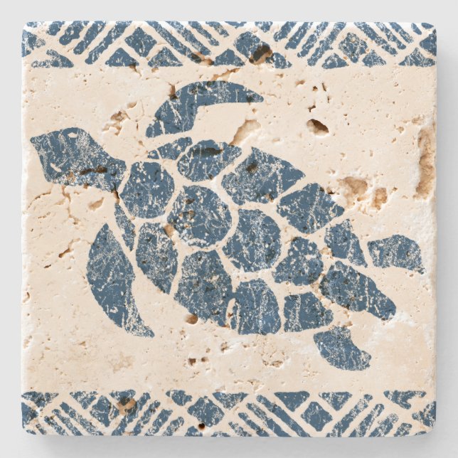 Honu Sea Turtle Hawaiian Tapa -Indigo Stone Coaster (Front)