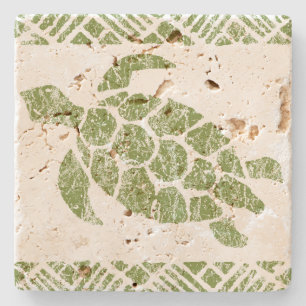 Honu Sea Turtle Hawaiian Tapa -Olive Stone Coaster
