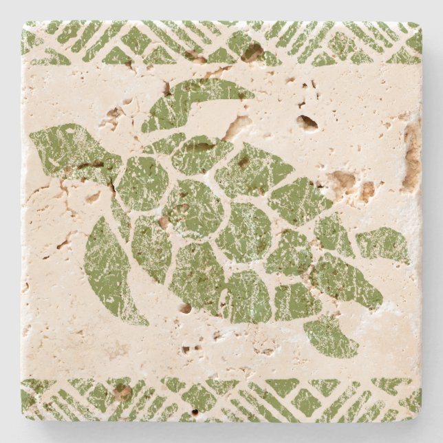 Honu Sea Turtle Hawaiian Tapa -Olive Stone Coaster (Front)