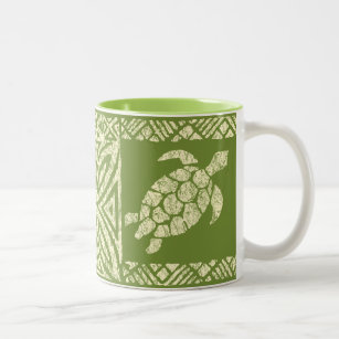 Honu Sea Turtle Hawaiian Tapa -Olive Two-Tone Coffee Mug